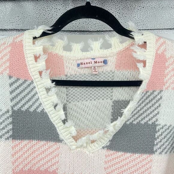 Hazel Moon Women’s Pink Grey Plaid V-Neck Distressed Fringe Pullover Sweater 3X - Picture 5 of 13